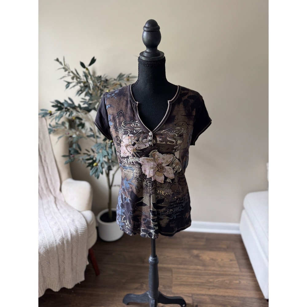 Y2K blue Canyon Clothing Roses Graphic Henley Top Short Sleeve Brown Black
